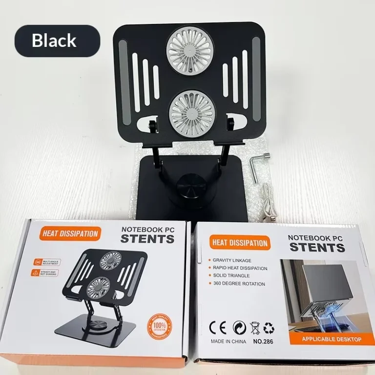 Improve laptop cooling and workspace comfort with this carbon steel 360° rotating laptop stand. Features dual cooling fans, adjustable height, foldable design and 10kg load capacity for 10–17 inch laptops.
